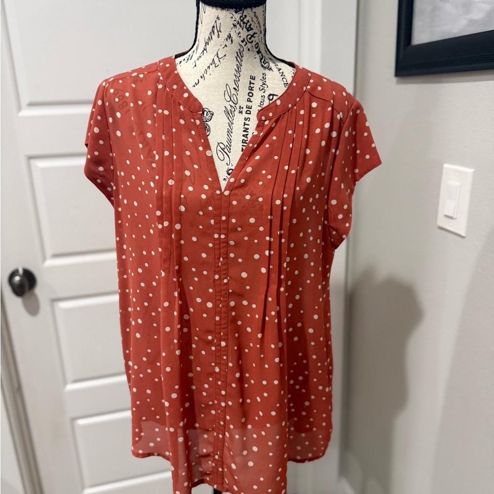 fun 2 fun Rust Polka Dot V-Neck Blouse